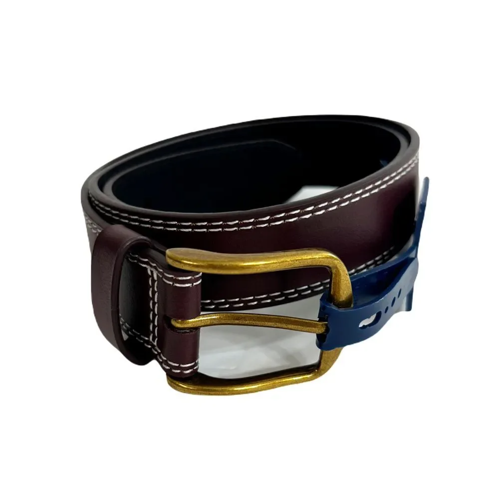 Club Room Double-Stitch Belt Mens Small 30-32 Burgundy Leather Gold Buckle